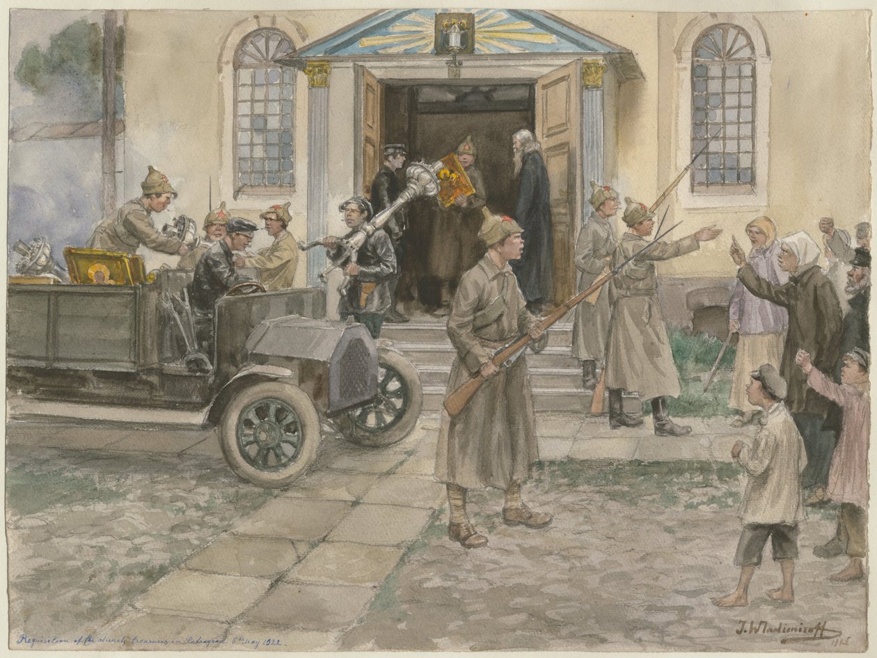 Vordering van de kerkschatten in Petrograd 5 mei 1922 uit de serie aquarellen Rusland door Ivan Alexeyevich Vladimirov
