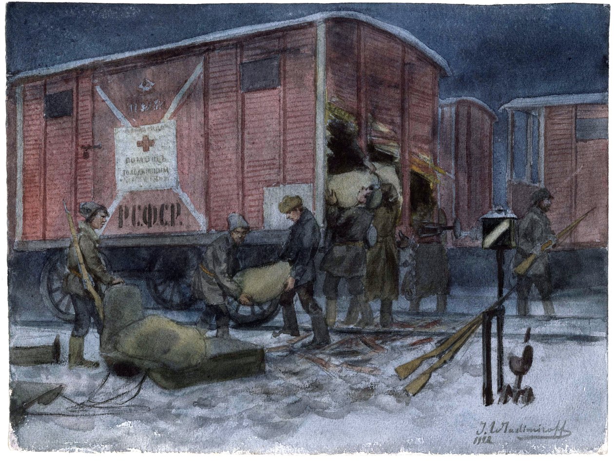 Soldaten die een spoorwegwagon plunderen (uit de serie aquarellen Russische revolutie) door Ivan Alexeyevich Vladimirov