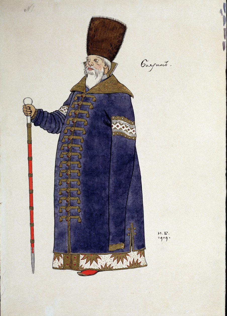 Kostuumontwerp voor de opera De gouden Haan van N. Rimsky-Korsakov door Ivan Yakovlevich Bilibin