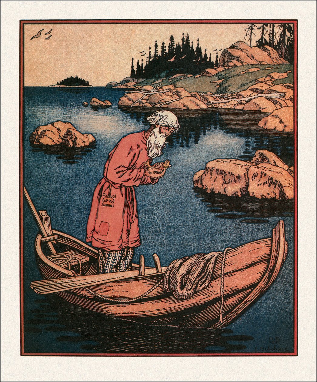 Illustratie bij Het verhaal van de visser en de vis door Ivan Yakovlevich Bilibin