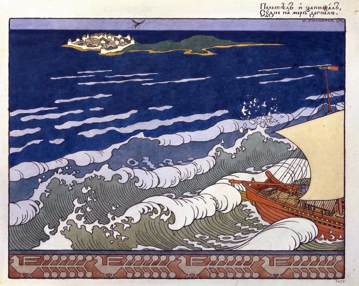 Het schip vaart naar een eiland, geleid door de vlucht van een hommel door Ivan Yakovlevich Bilibin