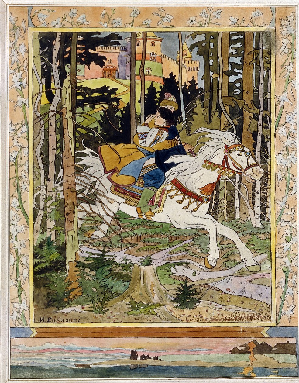 Prins Ivan. Held van Russische folklore, rijdend op een wit paard in het bos, vluchtend uit een kasteel en Vassilissa de Aller Mooiste in zijn armen houdend door Ivan Yakovlevich Bilibin