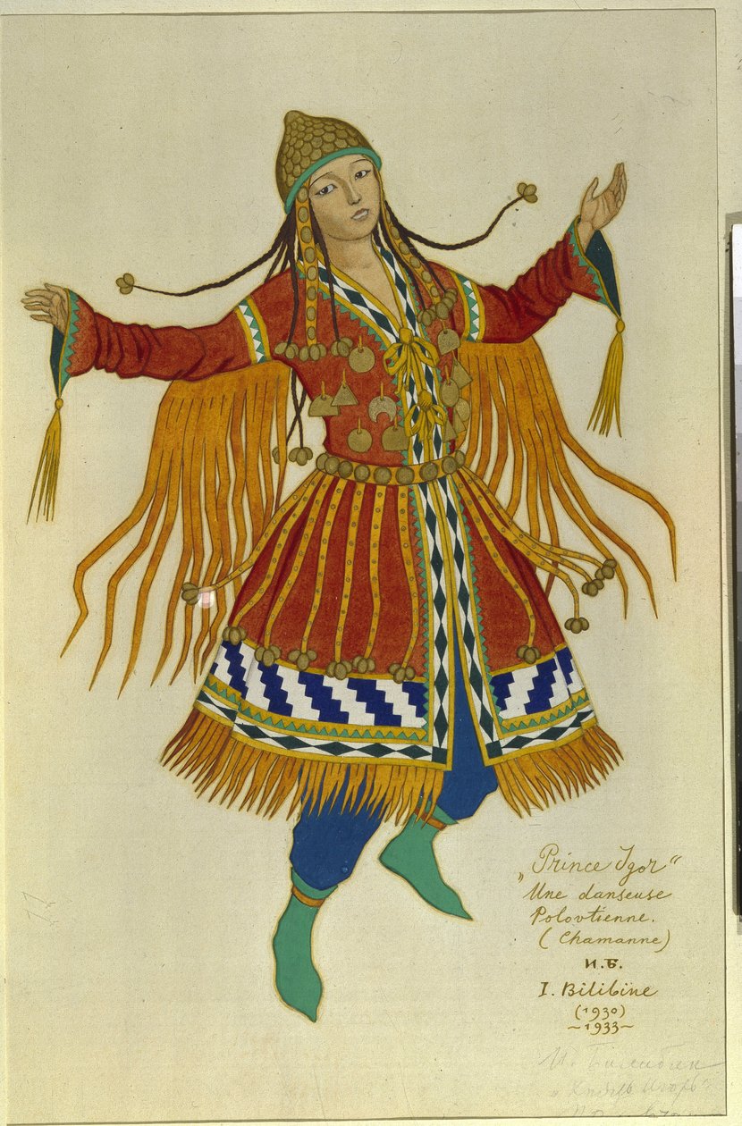 Een Polovtsiaanse (of Koeman, Kouman) sjamaandanseres. Kostuum voor de opera "Prins Igor" van Alexander Borodin (1833-1887). Werk van Ivan Yakovlevich Bilibin (1876-1942), aquarel op papier door Ivan Yakovlevich Bilibin