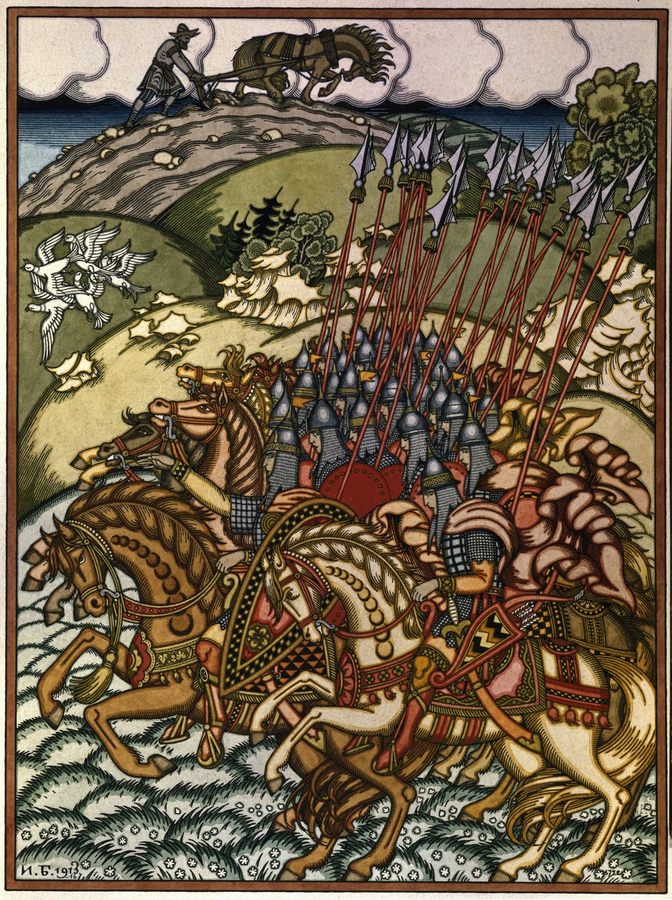 Volga Sviatoslavich (Vseslav van Polotsk (ca. 1039-1101), grootvorst van Kiev van 1068 tot 1069) en Mikula Selyaninovich (?). Werk van Ivan Yakovlevich Bilibin (1876-1942), lithografie door Ivan Yakovlevich Bilibin