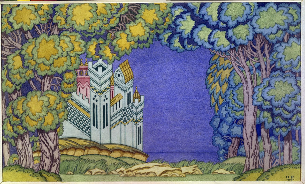 Decor voor de opera "Het verhaal van tsaar Saltan", eiland Buyan door Nicolas Rimski-Korsakov (1844-1908) door Ivan Yakovlevich Bilibin