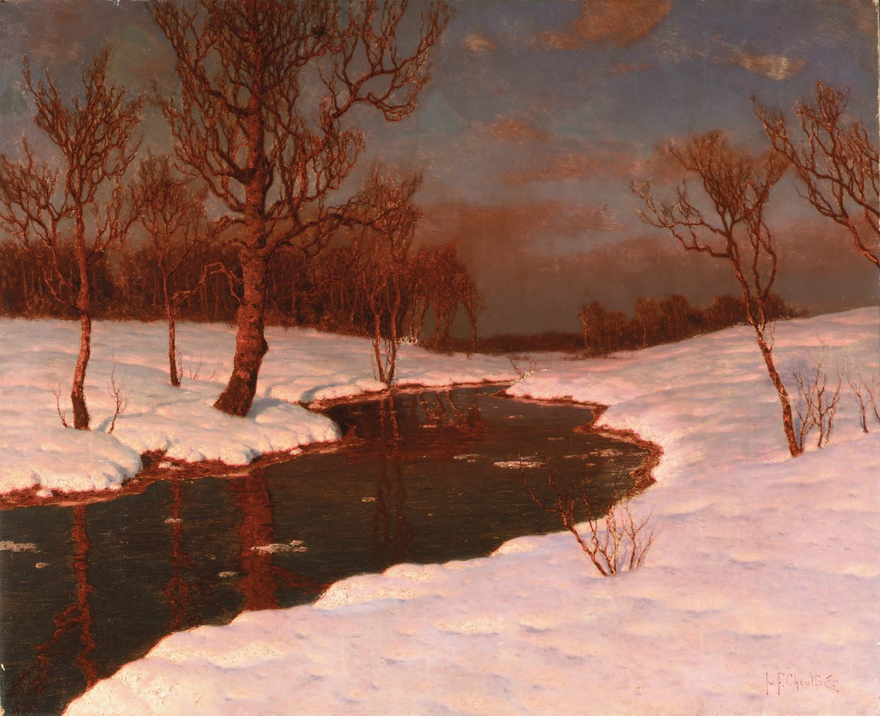 Zonsondergang op een Besneeuwd Rivierlandschap door Ivan Fedorovich Choultse
