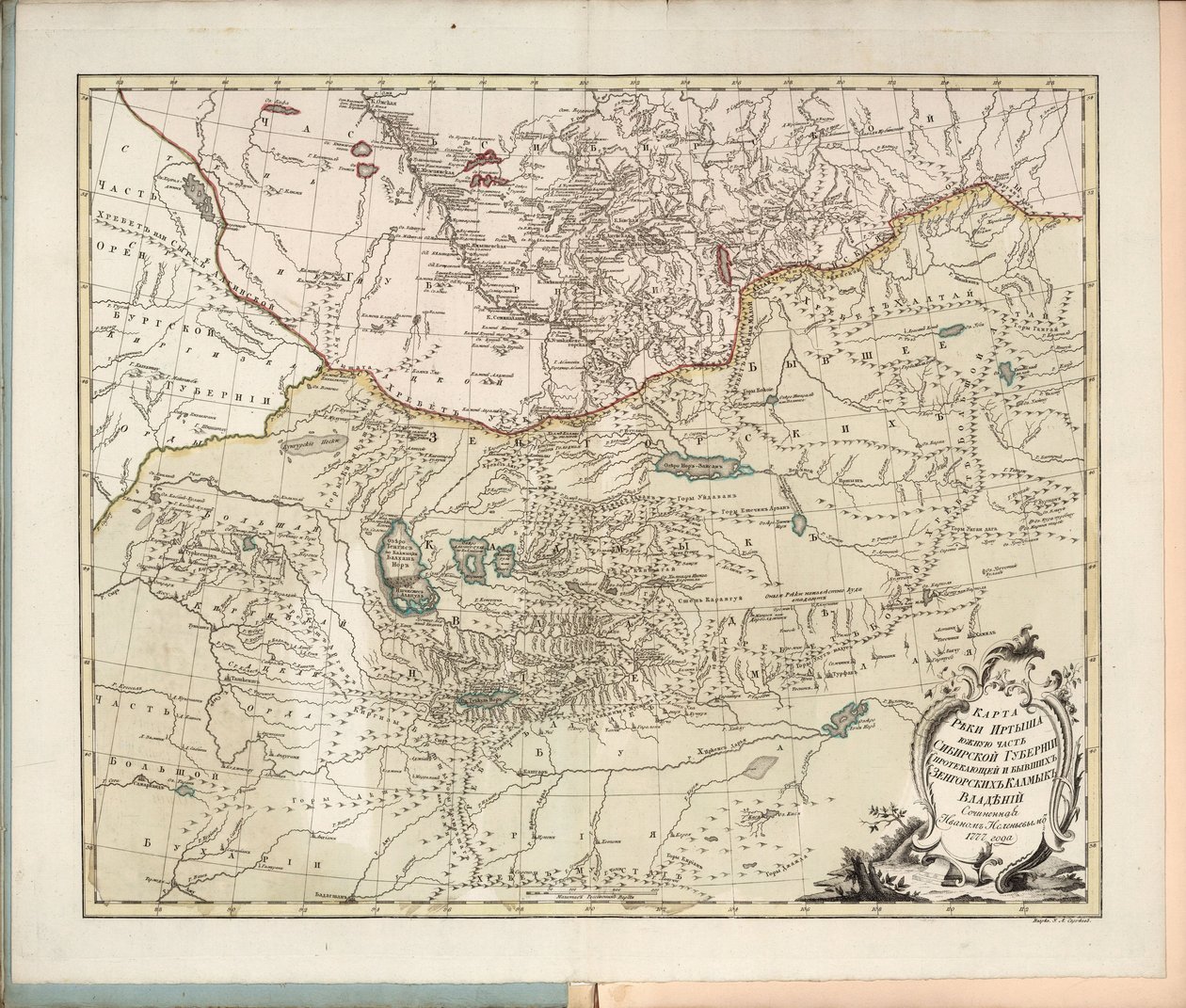 Kaart van de Irtysh-rivier, het zuidelijke deel van het Siberische Gouvernement, 1777 door Ivan Ivanovich Islenyev
