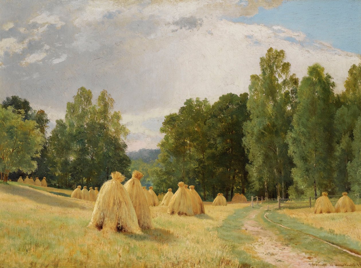 ""Hooibergen in Preobrajenskoje, Rusland"" - Schilderij van Ivan Chichkine (1832-1898) - 1890 door Ivan Ivanovich Shishkin