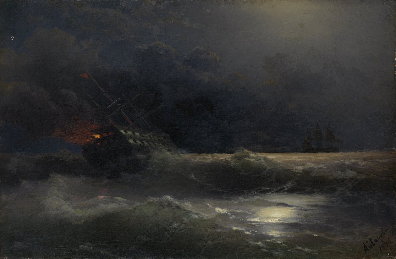Brandend schip Een episode van de Russisch-Turkse oorlog, 1896 door Ivan Konstantinovich Aivazovsky