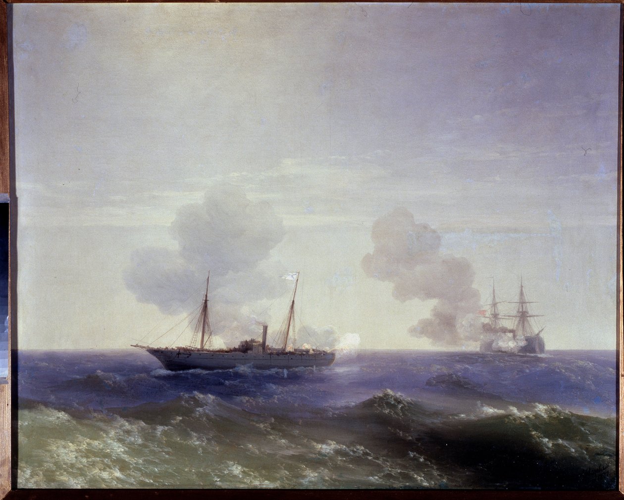 Russisch-Turkse oorlog van 1877-1878: de zeeslag tussen de Russische kruiser Vesta en het Turkse pantserschip Fethi Bulend in de Zwarte Zee, 11 juli 1877 door Ivan Konstantinovich Aivazovsky
