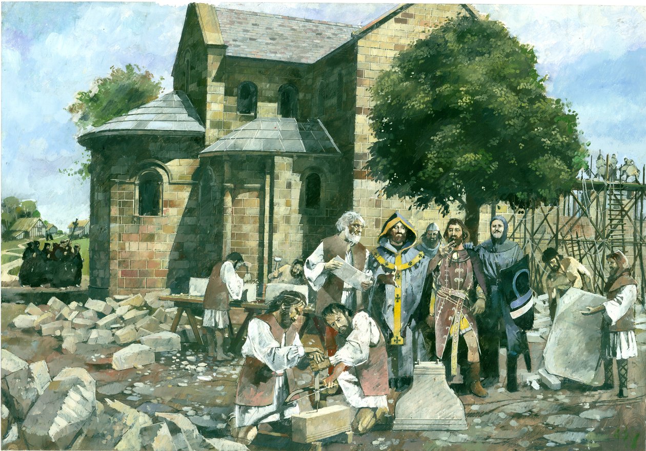 Inwijding van de abdijkerk door de aartsbisschop van Canterbury in aanwezigheid van William Rufus, Battle Abbey (aquarel op papier) door Ivan Lapper
