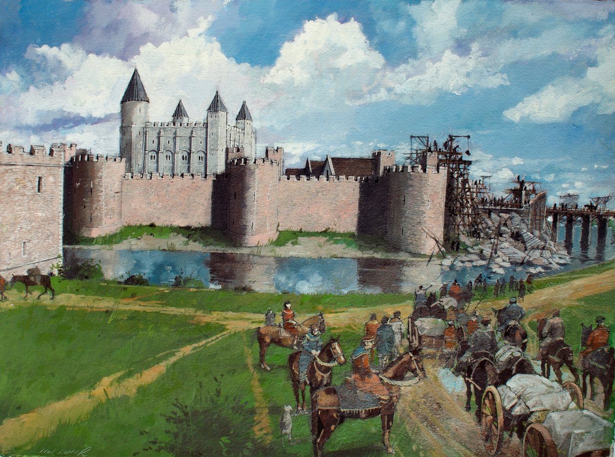 Gereconstrueerd aanzicht van de Tower of London vanuit het noordwesten met de ingestorte poort van koning Henry III in 1300 door Ivan Lapper