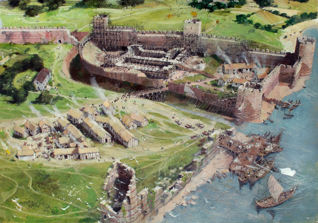 Gereconstrueerd aanzicht van de Tower of London vanuit het zuidwesten zoals het eruit zou kunnen hebben gezien in de jaren 1070 of 1080, toen de Witte Toren nog in de beginfase van de bouw verkeerde. door Ivan Lapper