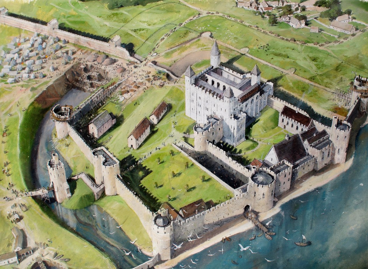 Gereconstrueerd aanzicht van de Tower of London vanuit het zuidwesten rond 1240 door Ivan Lapper