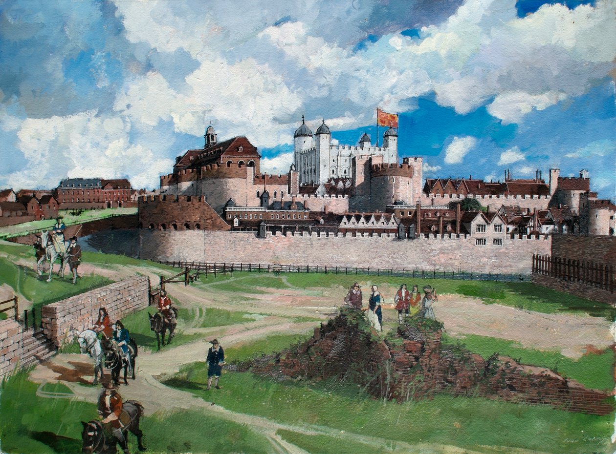 Gereconstrueerd aanzicht van de Tower of London vanuit het westen in ca. 1700 door Ivan Lapper