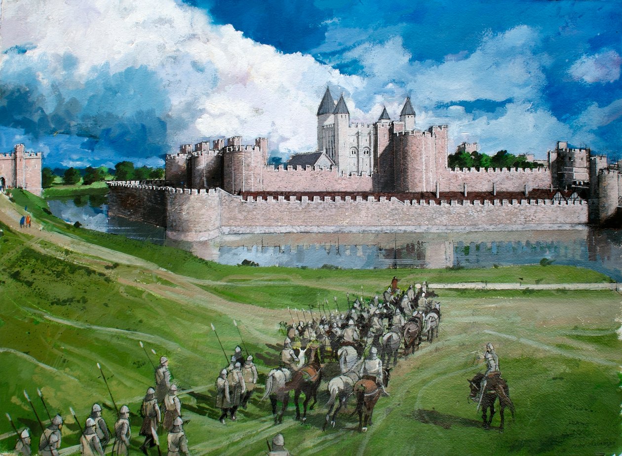 Gereconstrueerd aanzicht van de Tower of London, met de voltooide buitenste gordijnmuur van koning Edward I in 1300 door Ivan Lapper