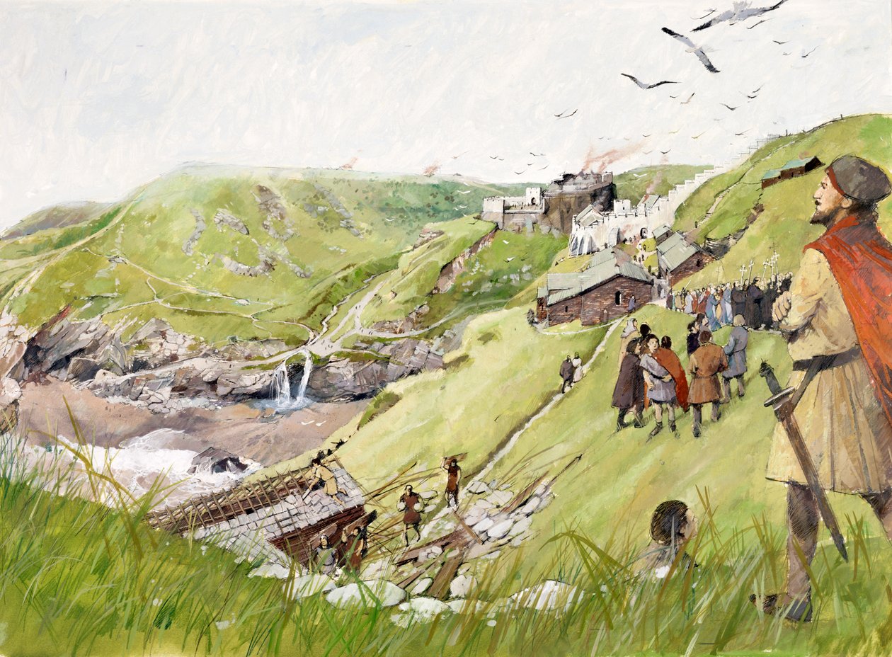 Tintagel Castle in de middeleeuwen (aquarel op papier) door Ivan Lapper