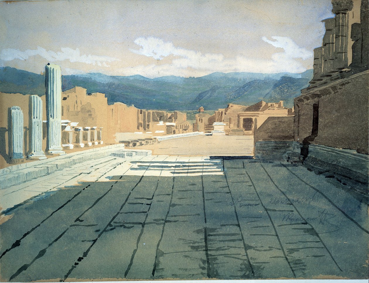 Pompeii. Zicht op het forum van de Romeinse ruïnes in de baai van Napels, voor de Vesuvius. Werk van Ivan Nikolayevich Kramskoi (1837-1887), aquarel op papier door Ivan Nikolaevich Kramskoy