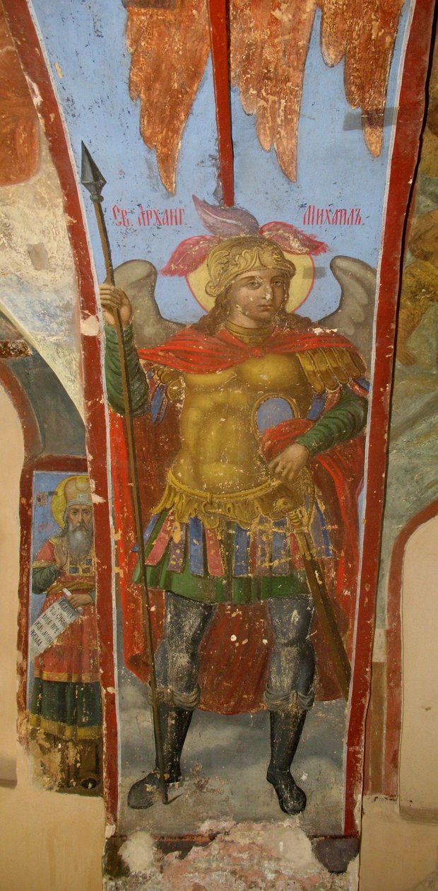 Sint Michaël de Aartsengel. Fresco in de Kathedraal van Onze-Lieve-Vrouw van het Teken, Novgorod, begin 18e eeuw door Ivan Yakovlevich Bakhmatov