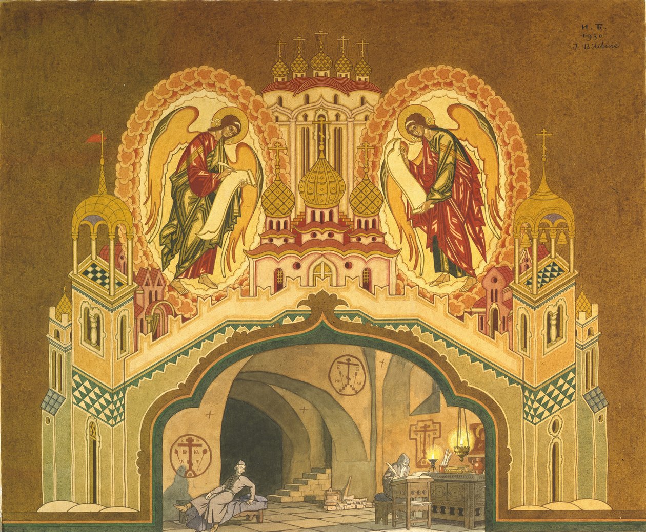 Chudov-klooster. Decorontwerp voor de opera Boris Godoenov door M. Moessorgski door Ivan Yakovlevich Bilibin
