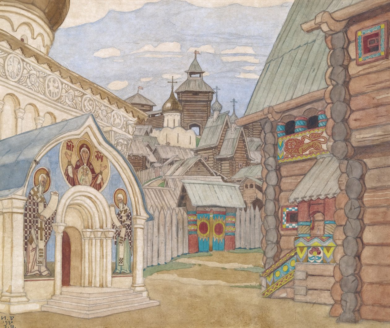 Russisch dorp. Decorontwerp voor de opera Het verhaal van Tsaar Saltan door N. Rimsky-Korsakov door Ivan Yakovlevich Bilibin
