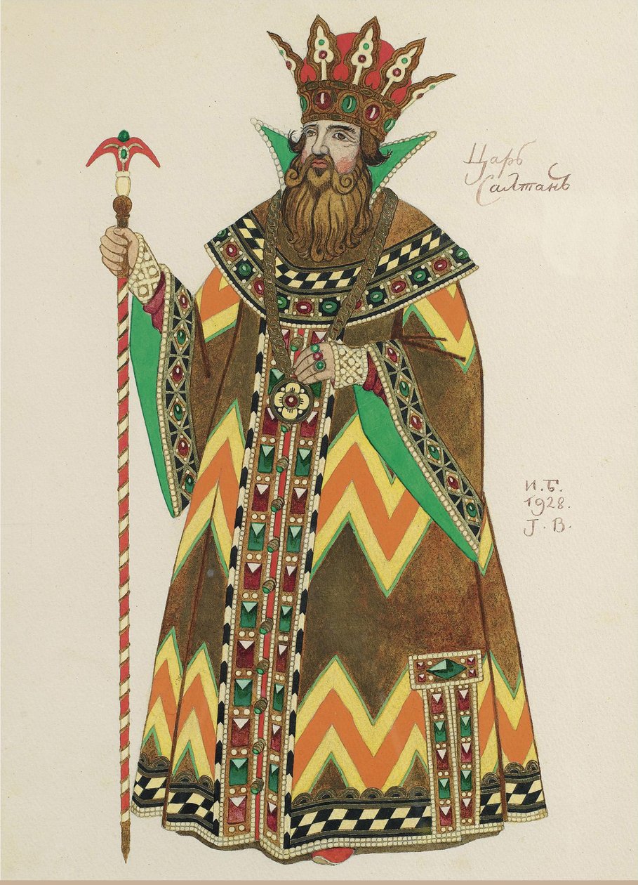 Tsaar Saltan. Kostuumontwerp voor de opera Het verhaal van Tsaar Saltan door N. Rimsky-Korsakov, 1928 door Ivan Yakovlevich Bilibin