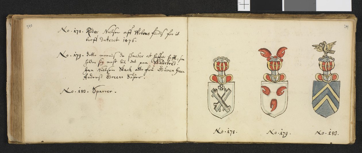 Illustratie uit een privéarchief in de Nationale Bibliotheek met de titel Insignia quædam virorum illustrium in Norvegia quodam habitantium van Iver Nielssøn Hirtzholm door Iver Hirtzholm