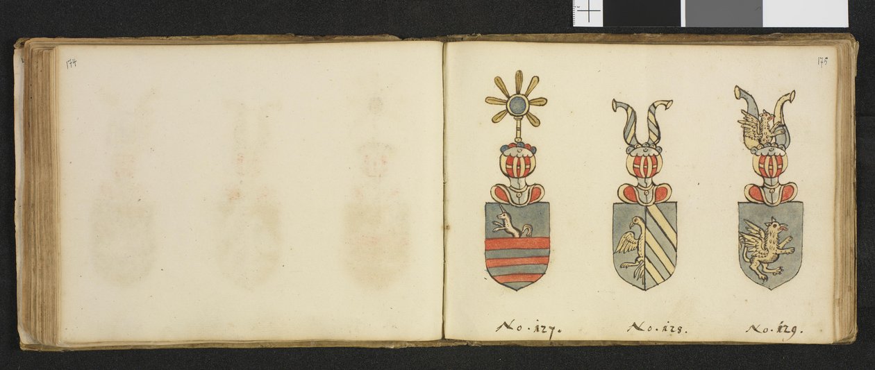 Illustratie uit een privéarchief in de Nationale Bibliotheek met de titel Insignia quædam virorum illustrium in Norvegia quodam habitantium van Iver Nielssøn Hirtzholm door Iver Hirtzholm