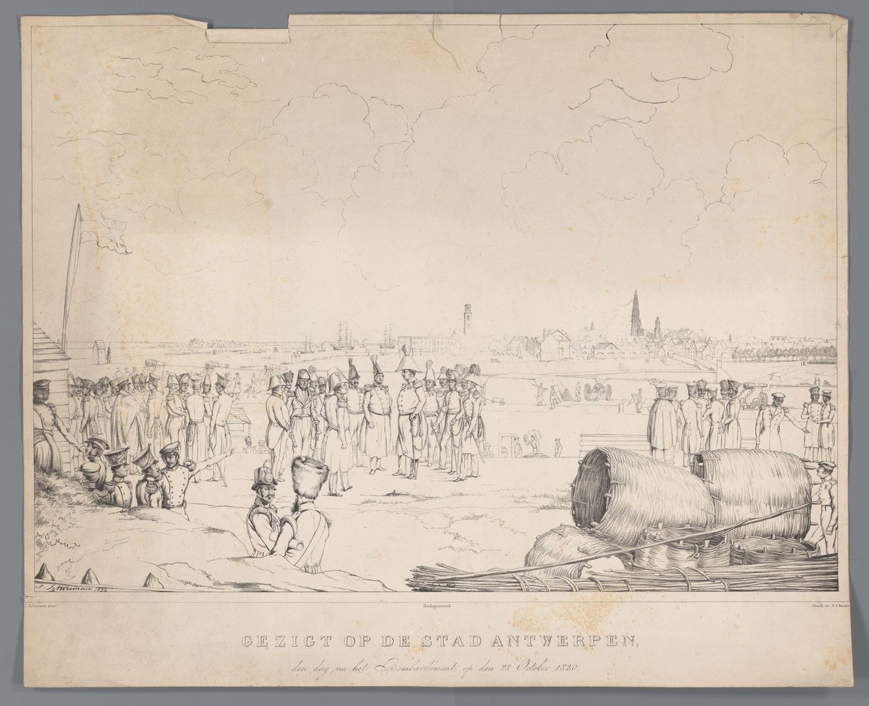 Gezicht op de stad Antwerpen den dag na het Bombardement, op den 28 October 1830 door Izaak Schouman