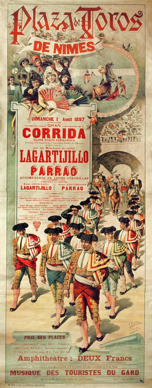 Poster die een stierengevecht adverteert in de Plaza de Toros, Nimes, 1 augustus 1897, gegraveerd door J. Ortega door J. and Pastor, E. Estellor