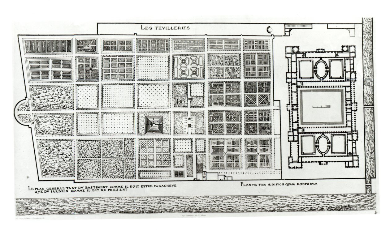 Plan van het paleis en de tuin van de Tuilerieën in Parijs in de 16e eeuw, gepubliceerd door A. Levy, 19e eeuw door J. Androuet Ducerceau