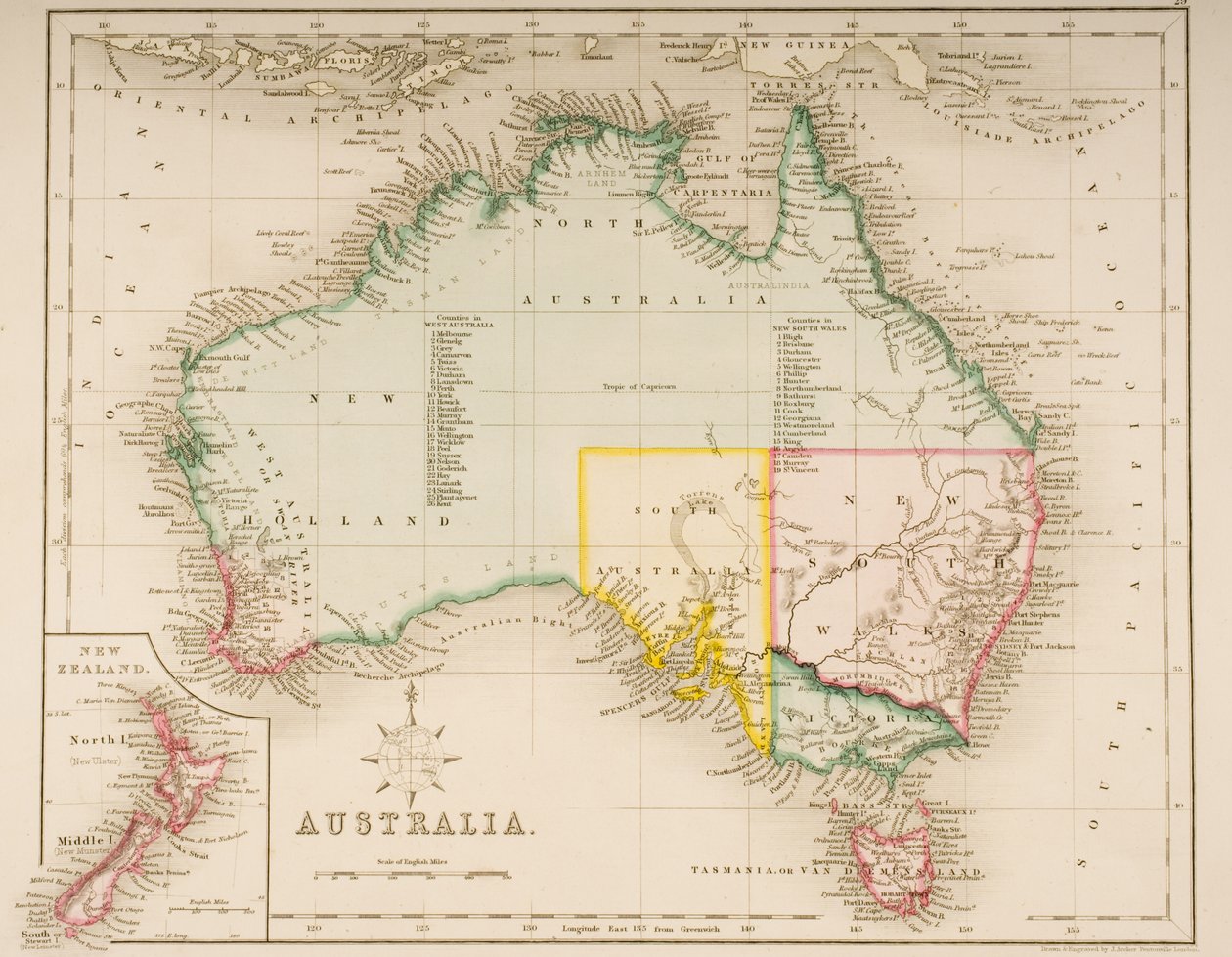 Kaart van Australië en Nieuw-Zeeland door J. Archer