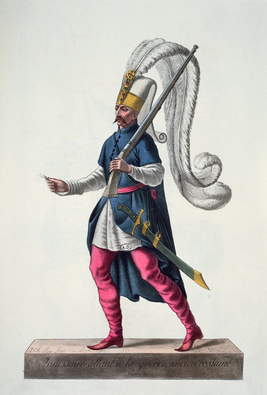 Een Turkse Janitsaar die ten strijde trekt in het kostuum van de 16e eeuw, uit 