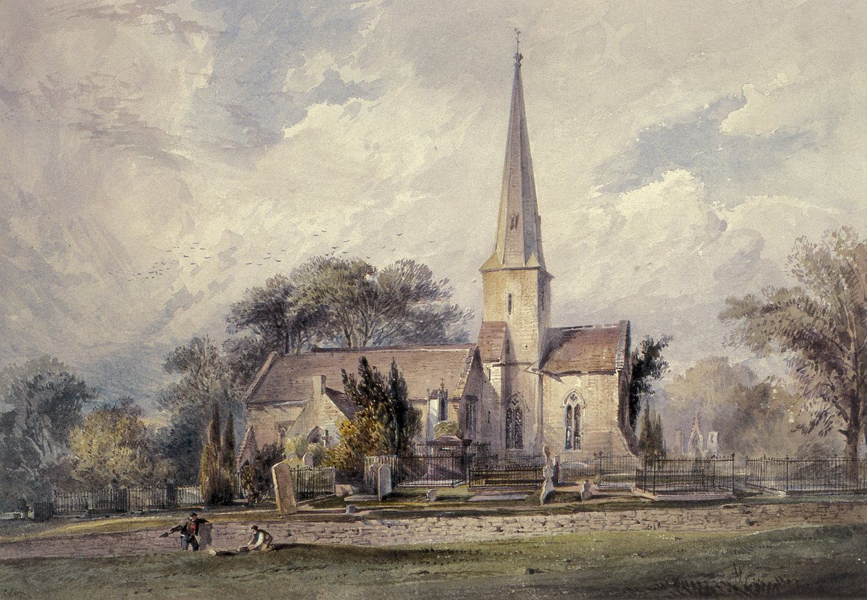Uitzicht vanuit het zuidoosten op een kerk en een kerkhof door J. Colson