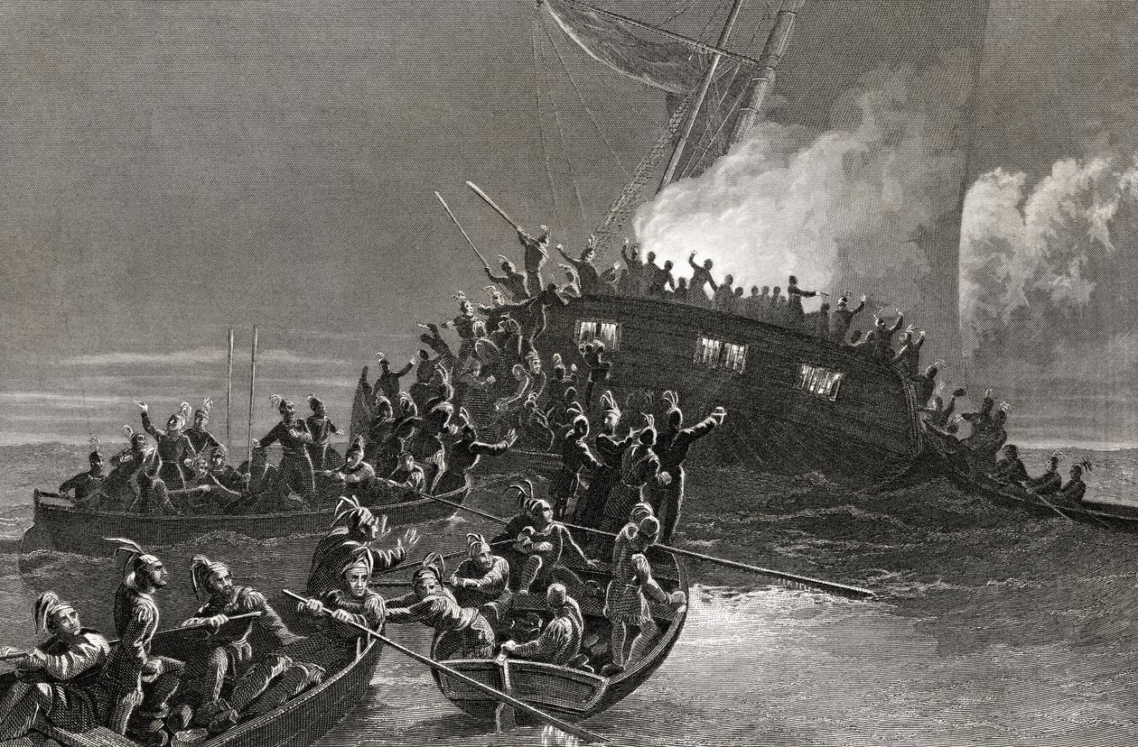 Vernietiging van de schoener Gaspe in de wateren van Rhode Island, 1772, gegraveerd door J. Rogers door J. McNevin