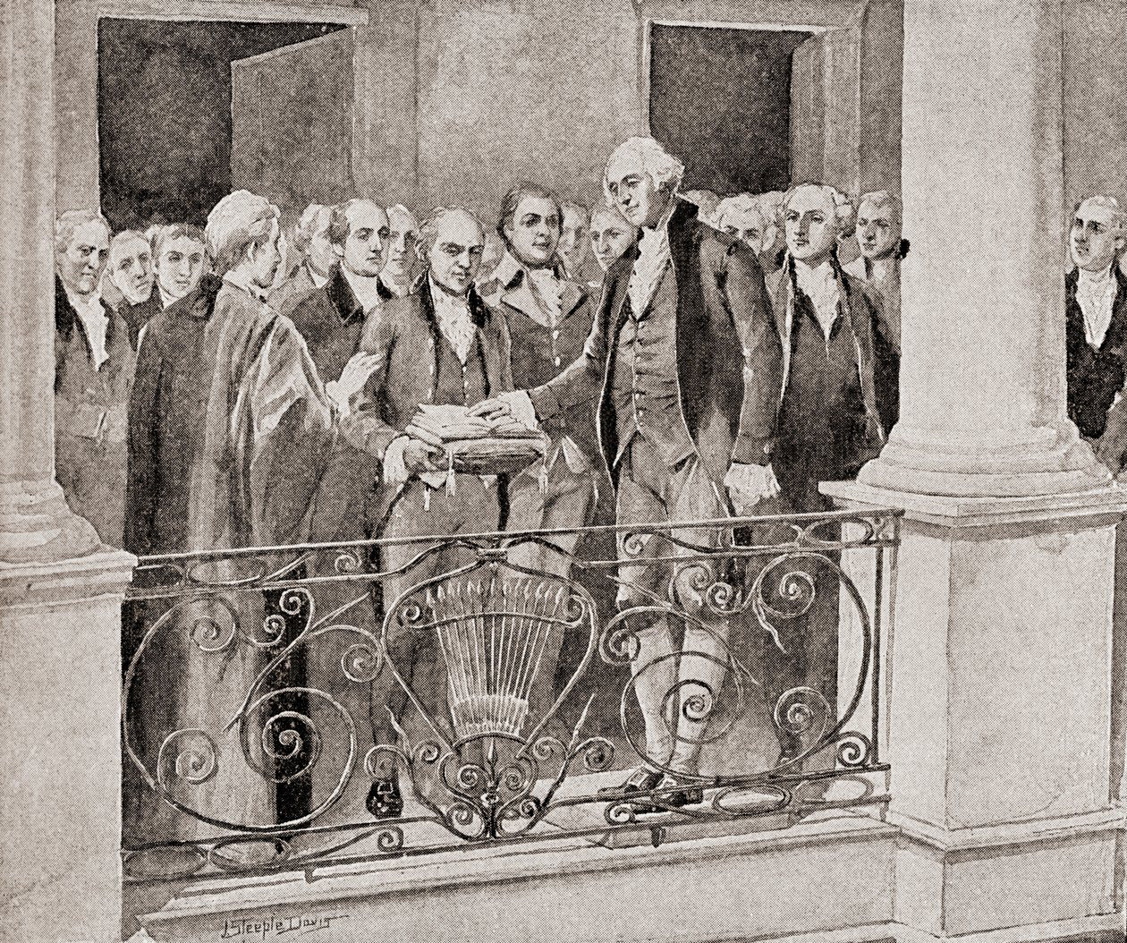de eerste inauguratie van George Washington, 30 april 1789, uit De Geschiedenis van Ons Land, gepubliceerd 1905 door J. Steeple Davis
