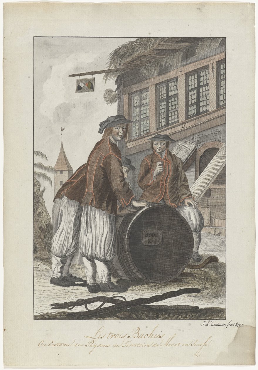 Drie mannen in Zwitserse kleding voor een huis door J.A. Zoutman