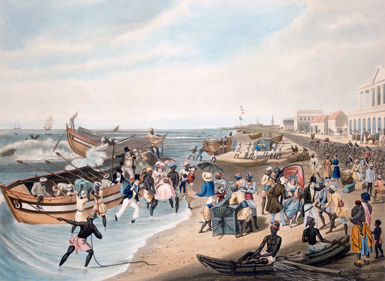 Madras Landing, gegraveerd door C. Hunt, gepubliceerd door Ackermann und Co., 1856 door J.B. East