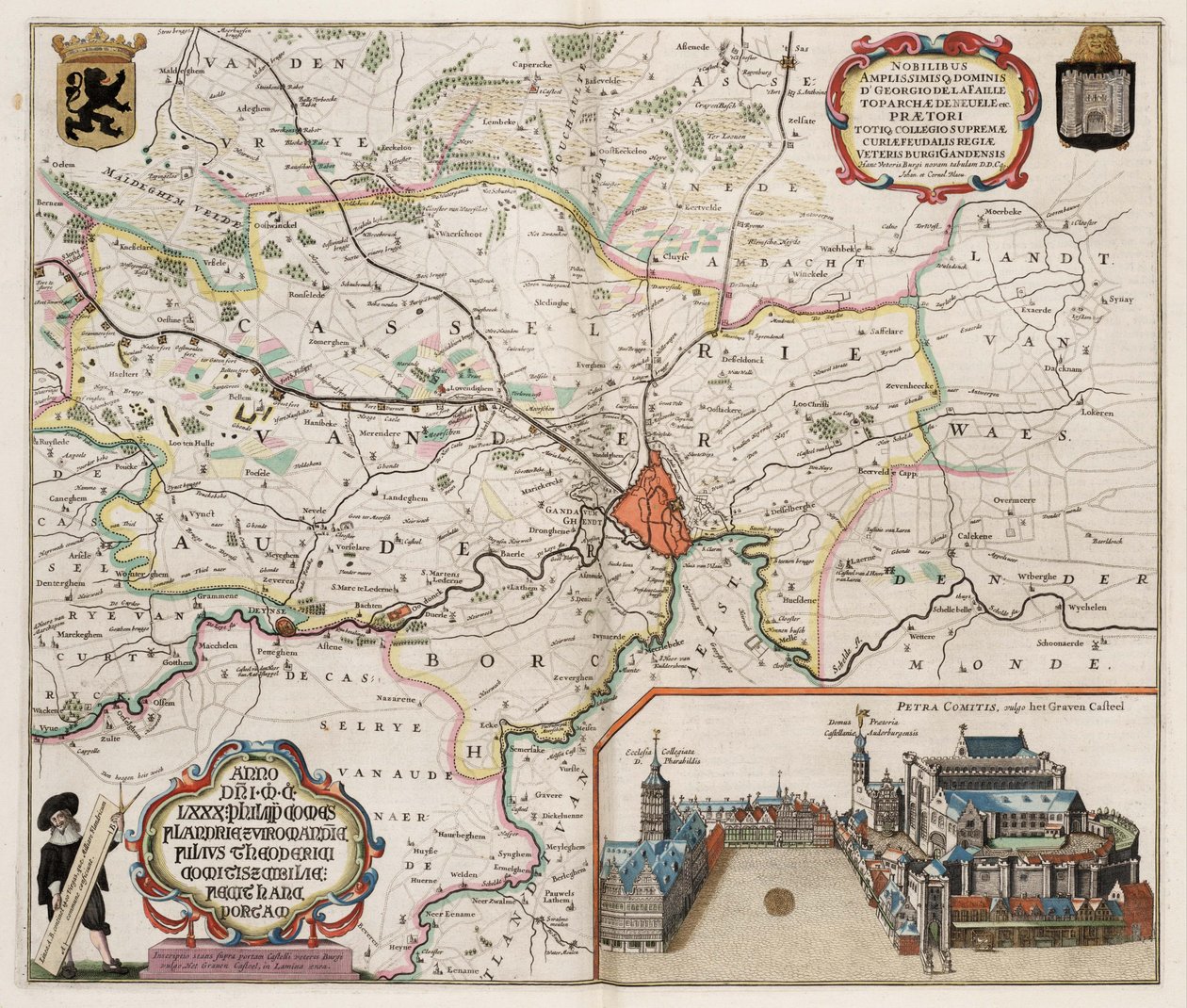 Kaart van de omgeving van Gent, België door J.Blaeu
