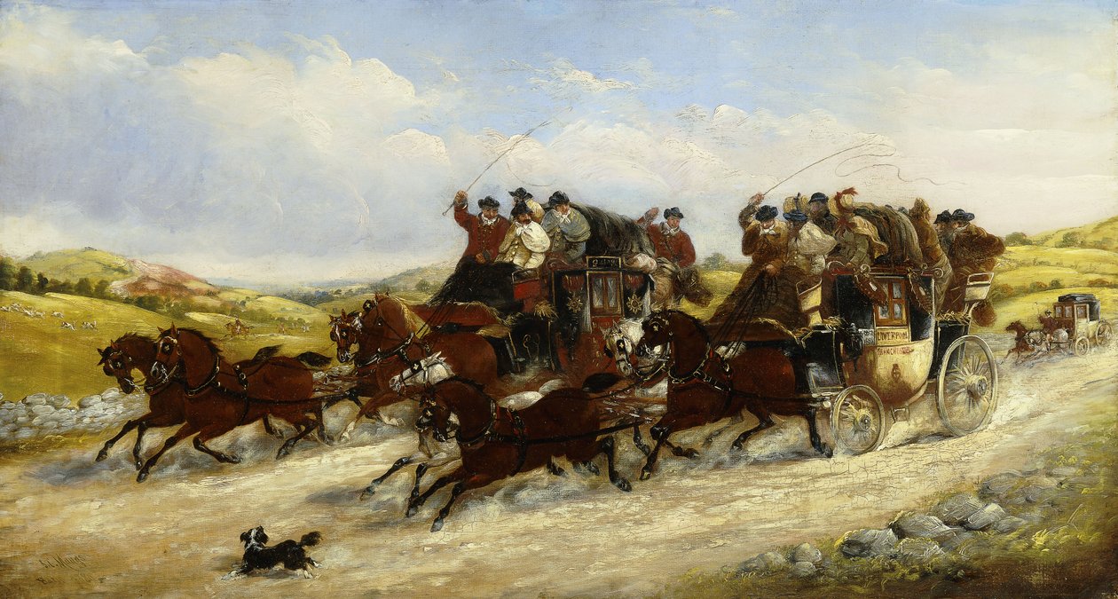 Een race van Liverpool naar Manchester met een jacht daarachter door J.C. Maggs