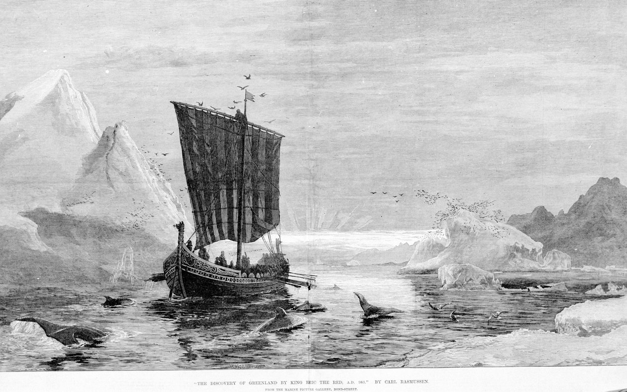 De ontdekking van Groenland door Erik de Rode in de 10e eeuw door C. Rasmussen. De Marine Beeldengalerij, Bond Street. door J.E. Carl Rasmussen