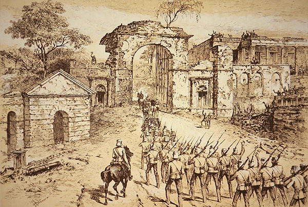 Generaal Outram betreedt de verdedigingen van de Residentie, Lucknow, op 25 september 1858, aan het hoofd van Havelock