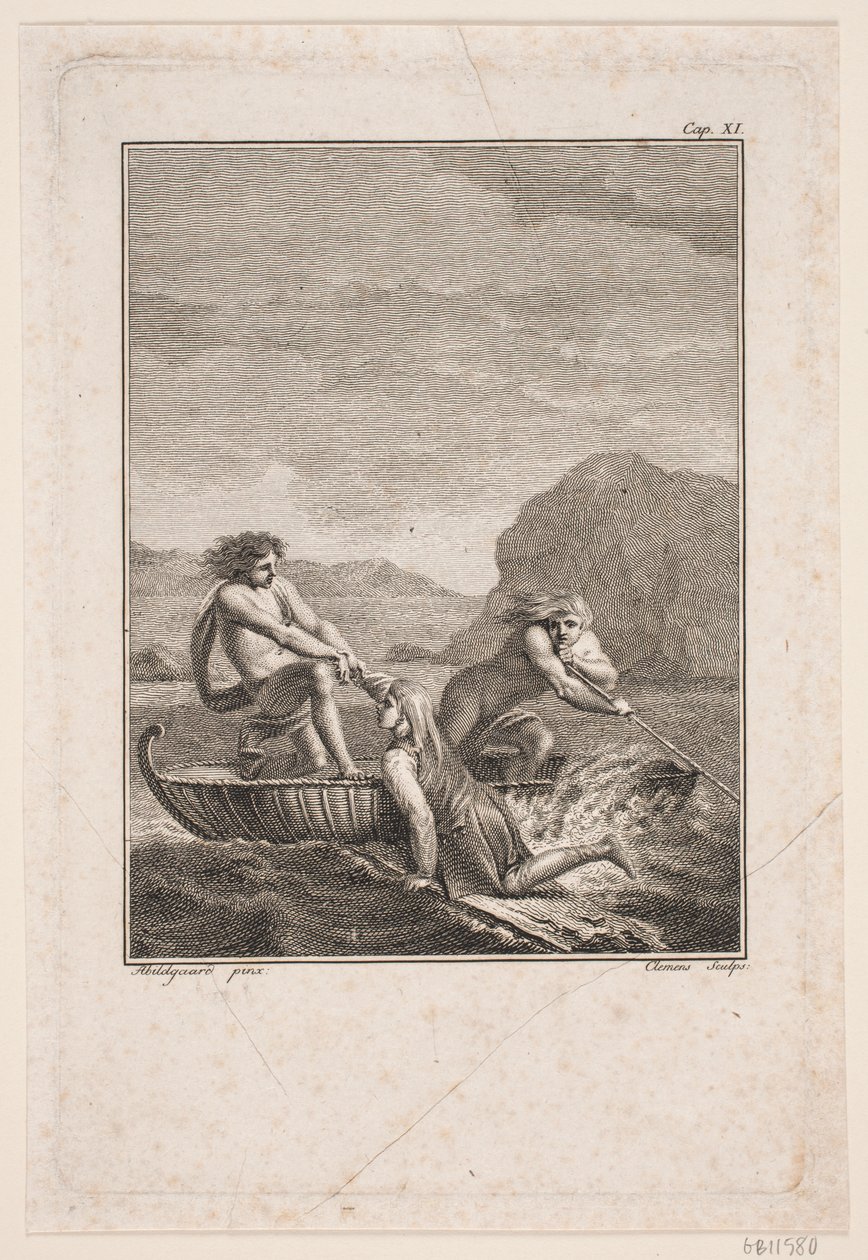 De schipbreukeling Niels Klim wordt gered door twee Qvamiter in een wilgenboot door J.F. Clemens