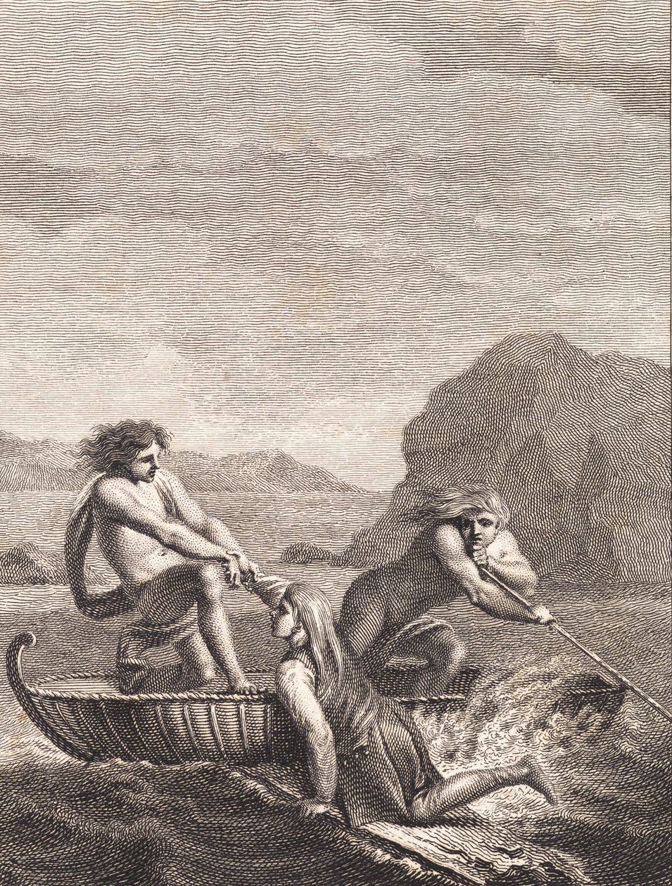 De schipbreukeling Niels Klim wordt gered door twee Qvamiter in een wilgenboot door J.F. Clemens