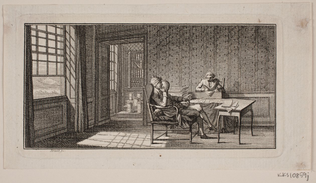 Het interieur van een kamer, waar Bonnet dicteert aan zijn secretaris door J.F. Clemens