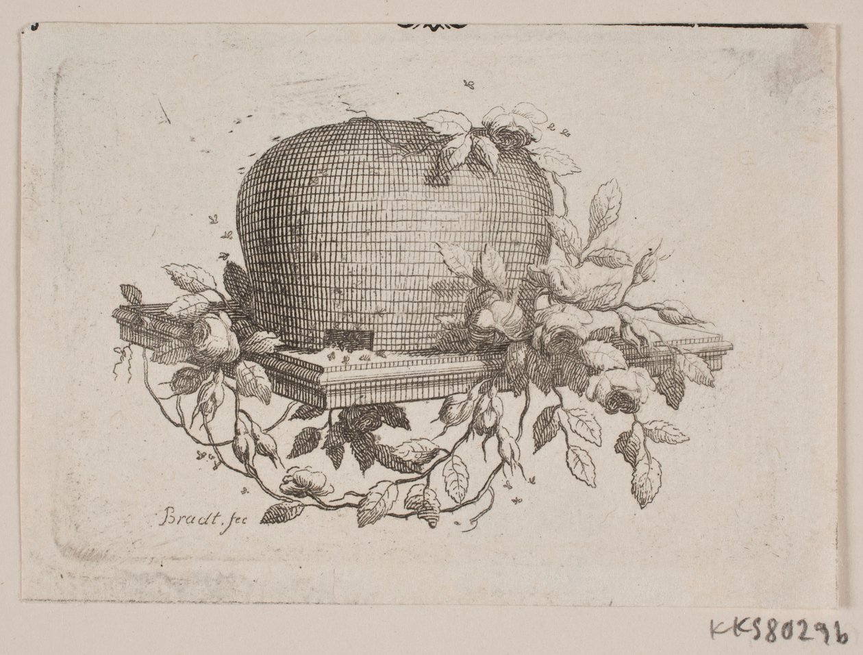 Een plaat met een bijenkorf, omwonden met rozenblad door J.F. Clemens