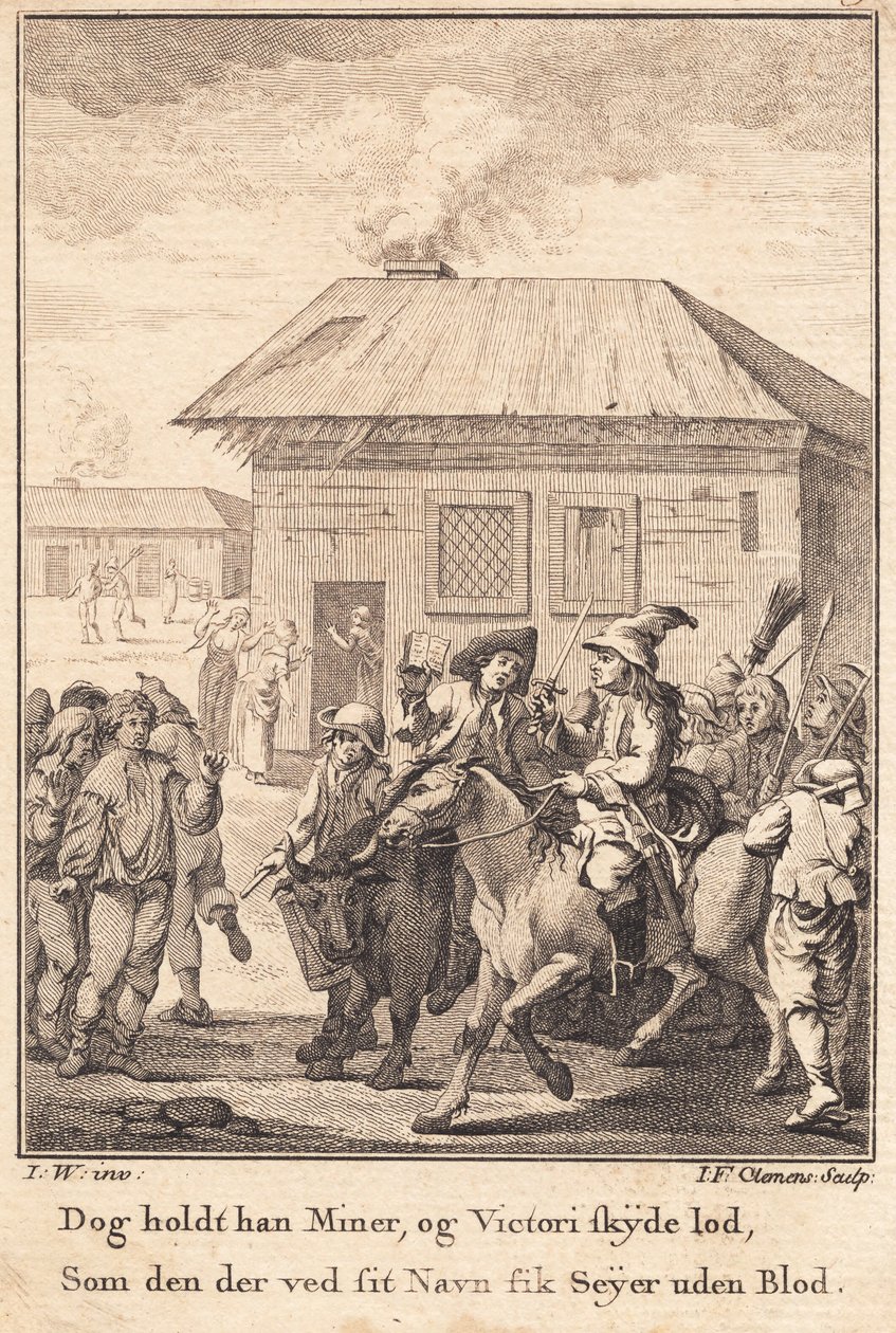 De baljuw te paard, aan het hoofd van het Anholt-leger door J.F. Clemens