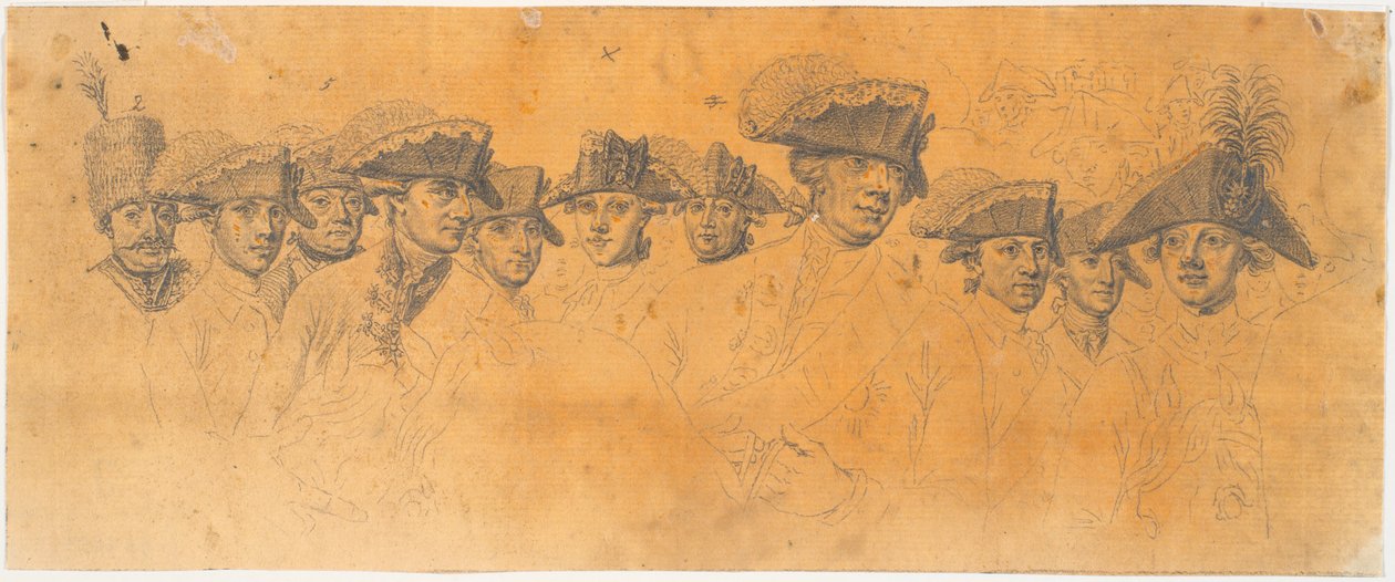 Voorbereiding voor de gravure: Frederik de Grote rijdt naar huis na een revue in Potsdam door J.F. Clemens