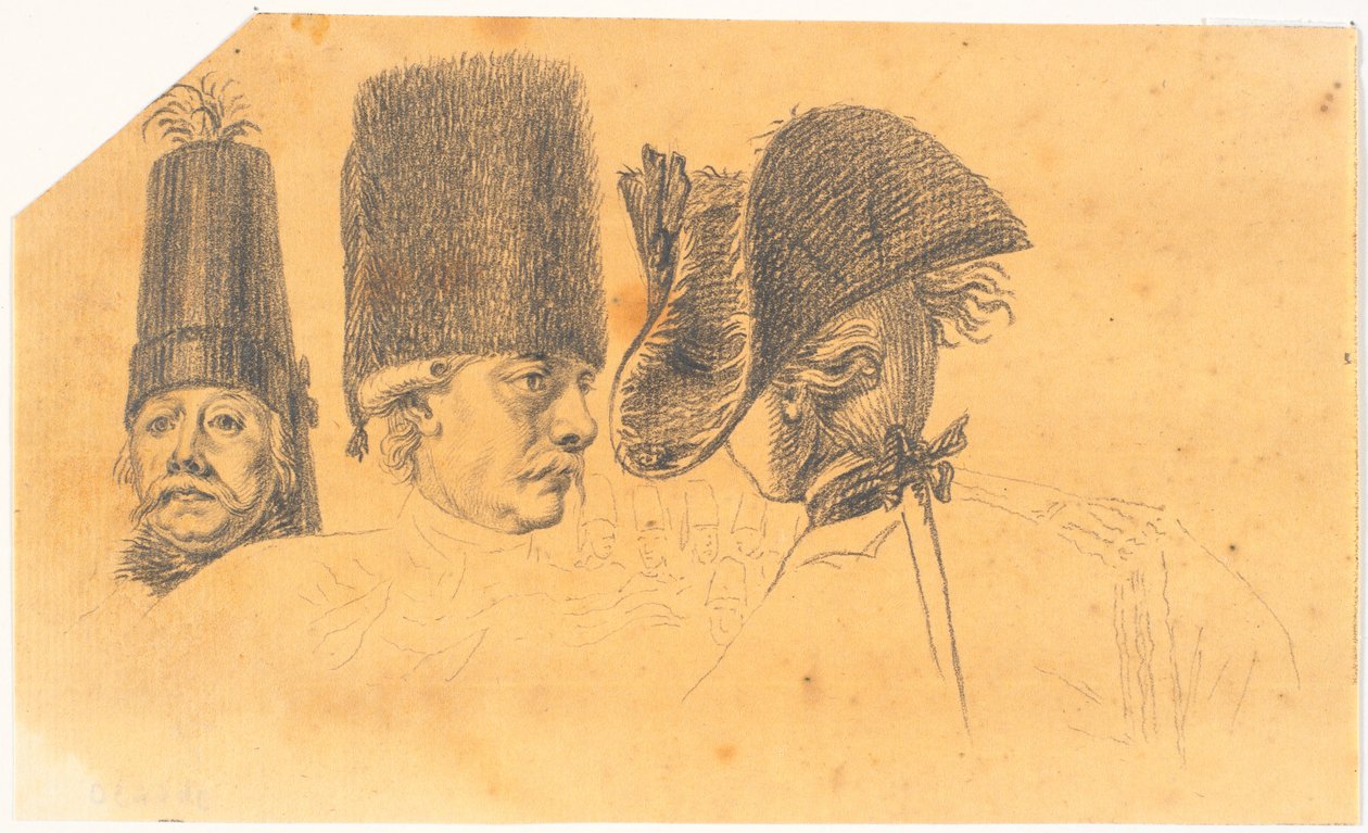 Voorbereiding voor drie van de hoofden voor de gravure: Frederik de Grote rijdt naar huis na een revue in Potsdam door J.F. Clemens