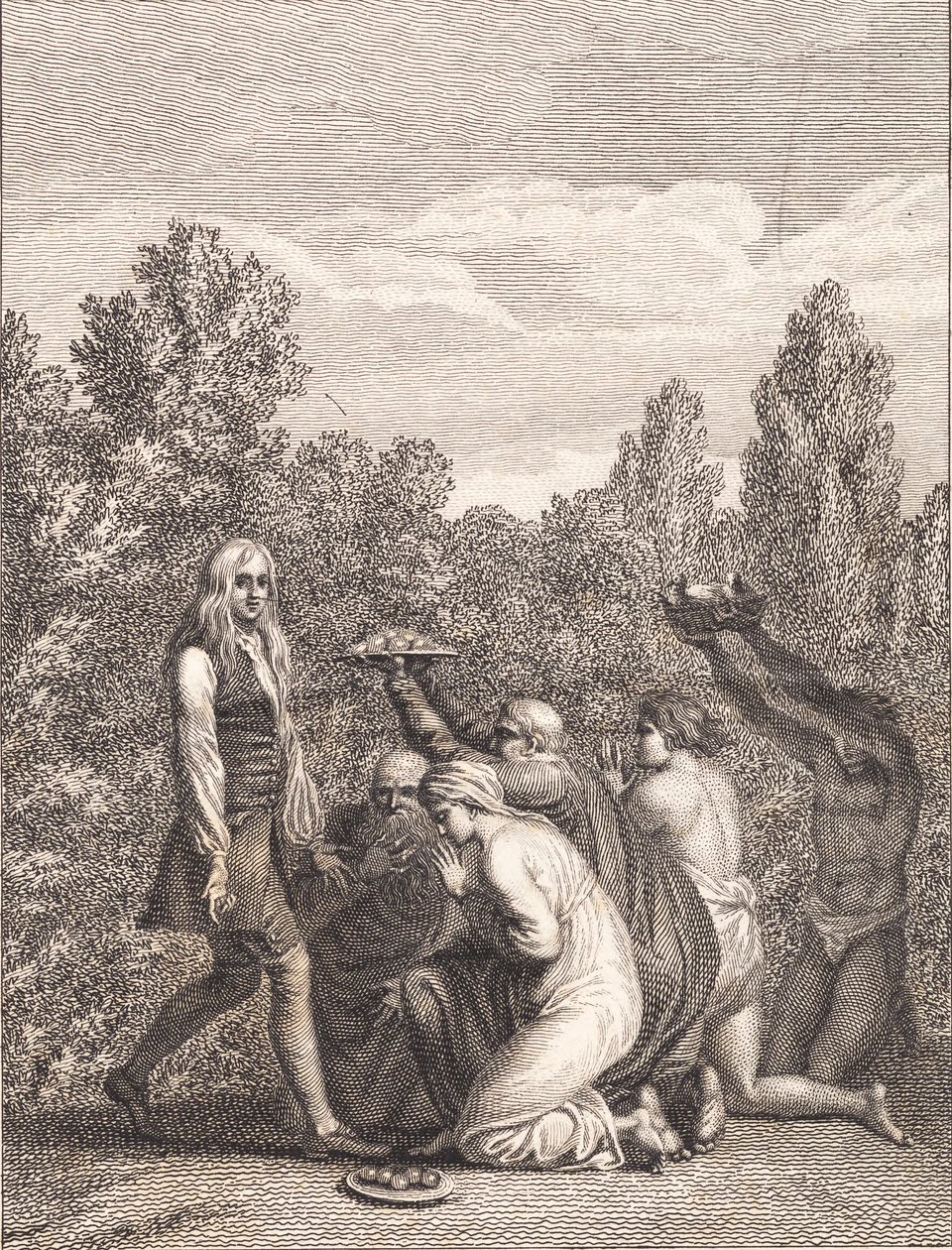 Niels Klim wordt geëerd door de Qvamiten, die hem geschenken brengen en voor hem knielen door J.F. Clemens